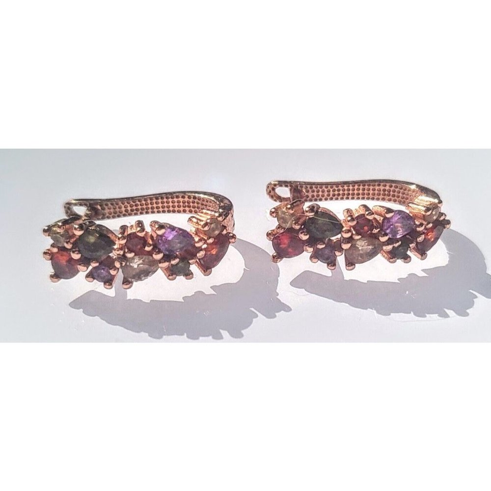VINTAGE ROSE GOLD TONE MULTICOLOR SWAROSKI CRYSTAL EARRINGS SNAP LOCK BACKS
